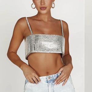 MESHKI silver jewel crop top
